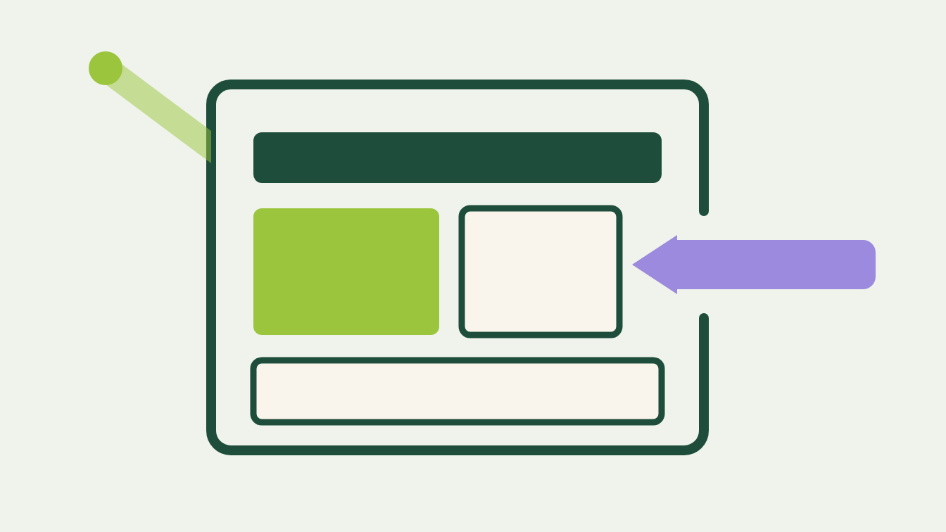 A flat vector design canvas outlined in forest green with an opening in its right wall, a lilac block entering through it
