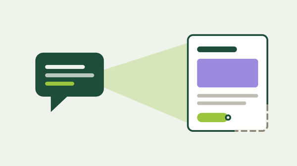 Flat vector scene: a forest-green speech bubble beams lime light onto a design canvas with abstract UI blocks, one corner sti